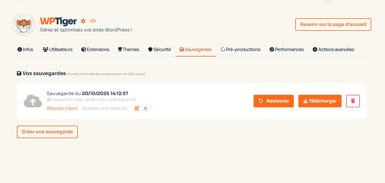 o2switch WP Tiger - Sauvegardes